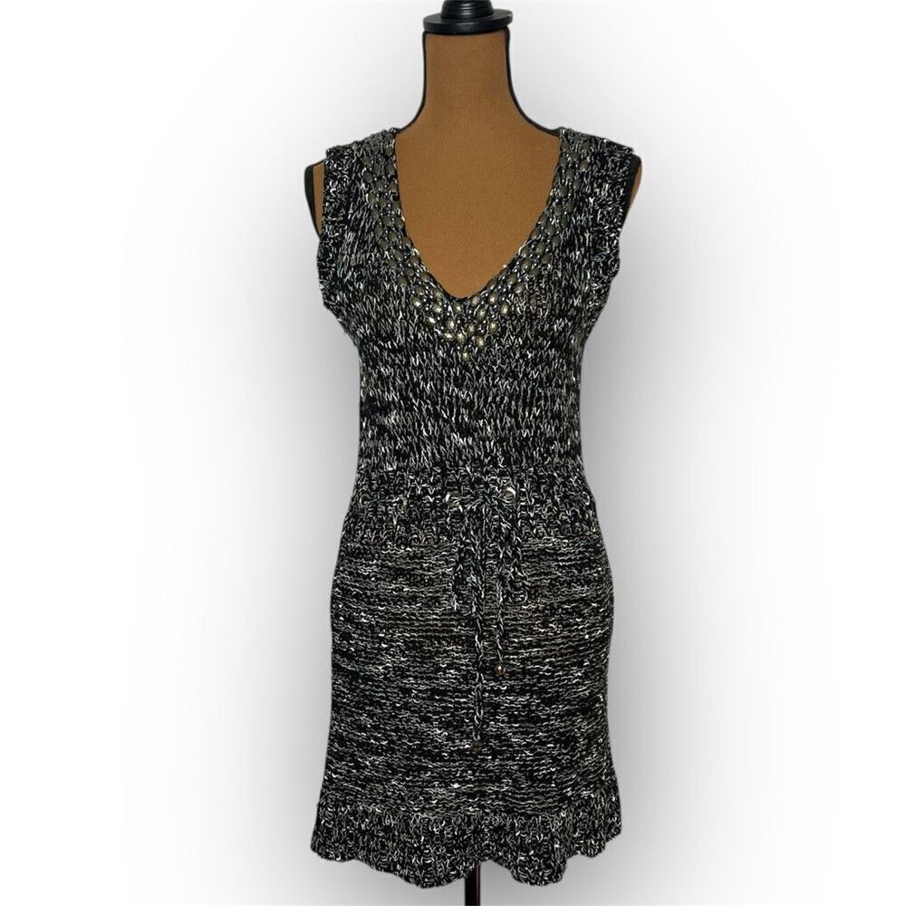 BCBGMaxazria Black Gray Beaded Loose Knit Beachy Sweater Dress, Women’s Medium